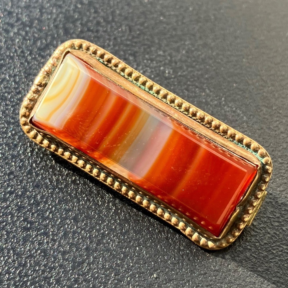 Antique Scottish Banded Agate Bar Brooch, Brass Mount, Victorian Era